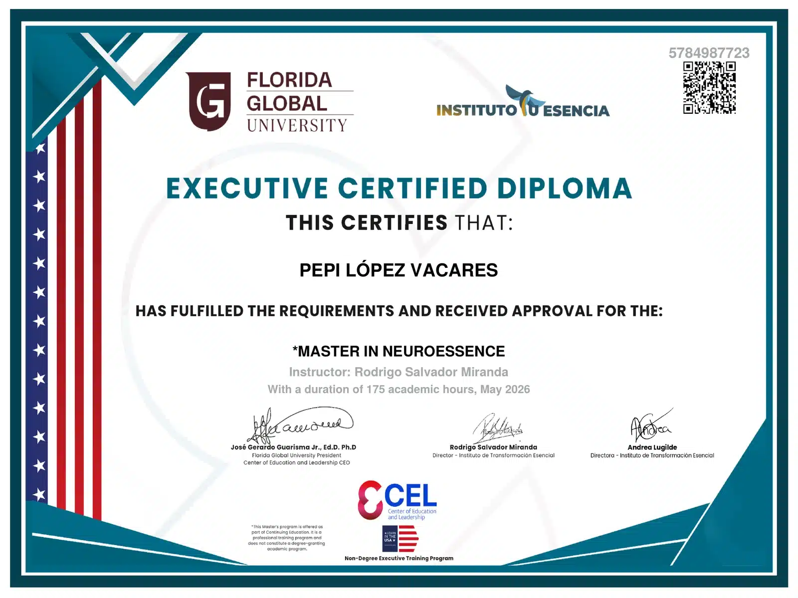 Diploma Executive Certified de Florida Global University del Máster en NeuroEsencia